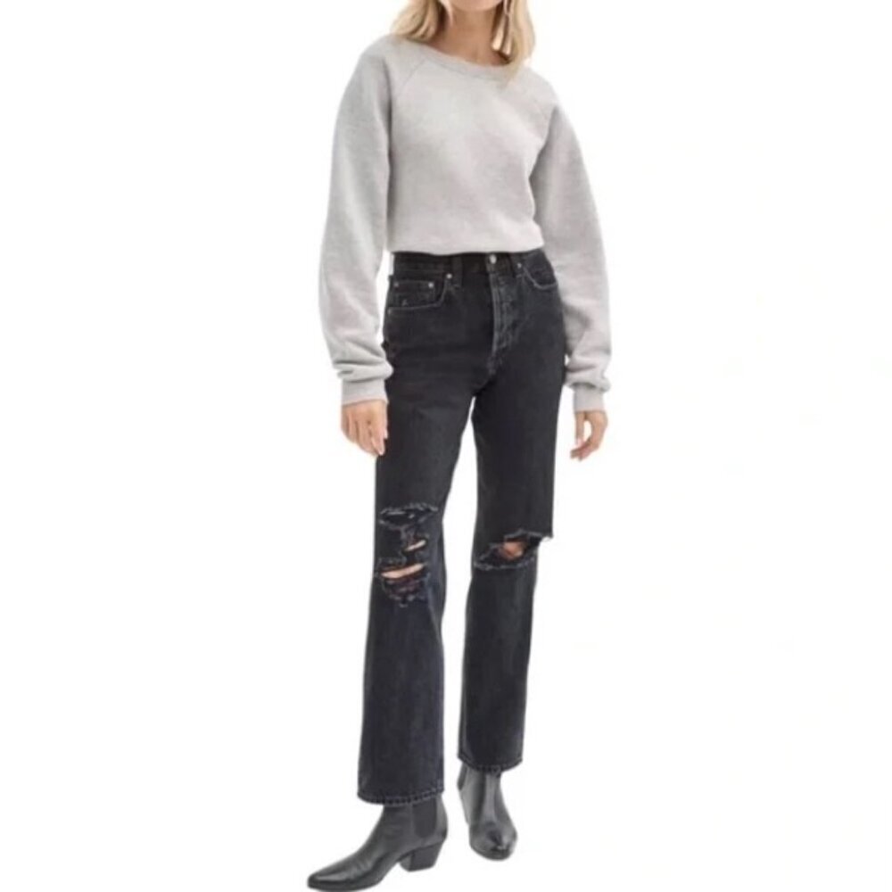 ARITZIA DENIM FORUM Joni Hi-Rise Loose Jean Black Wash Distress Rips 25x29L